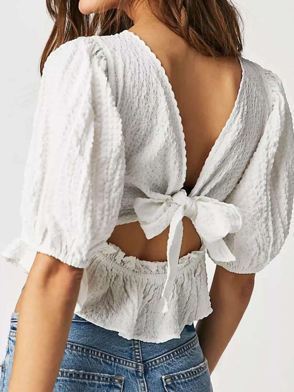 Free People White Textured Tie-Back Crop Top